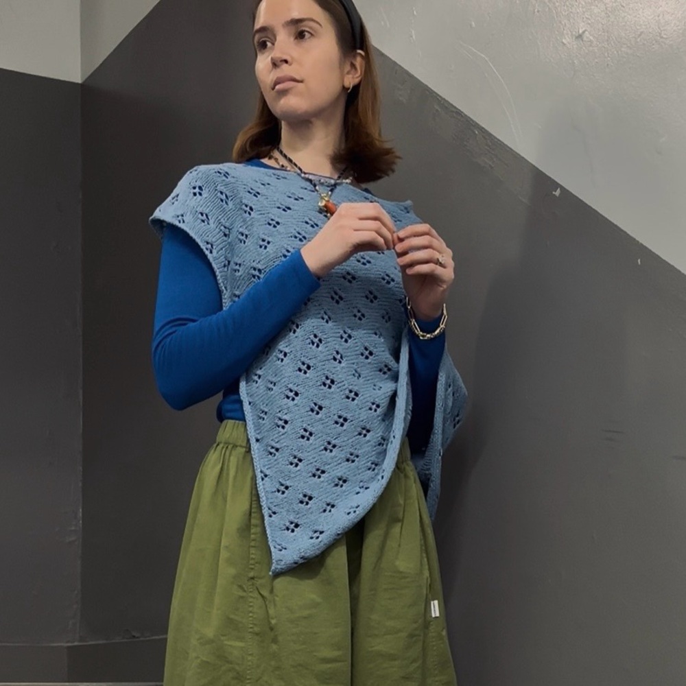 Handmade knit eyelet poncho in cotton viscose linen blend yarn. Size M/L